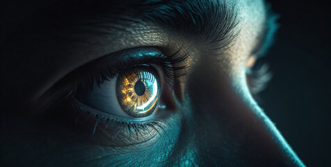 Close up glowing code reflected eye glowing code human eye close up reflection digital code iris pupil futuristic cyber technology macro detailed