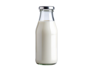 glass milk bottle with metal cap and visible creamy milk isolated for packaging or branding design