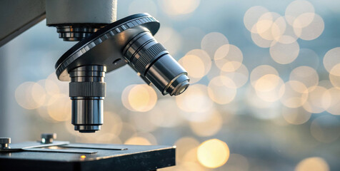 Close up microscope lens focusing bokeh effect scientific equipment laboratory optical research instrument study observation