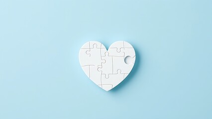 neurodiversity. A symbolic heart-shaped puzzle piece on a soft blue background, representing autism awareness and unity. public awareness campaigns.