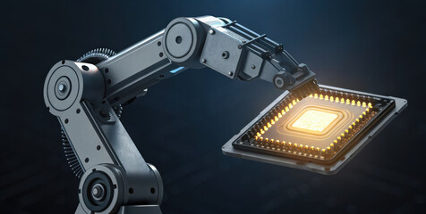 Robotic arm holding illuminated microchip on tray, futuristic electronics assembly, precise industrial automation and glowing circuit energy