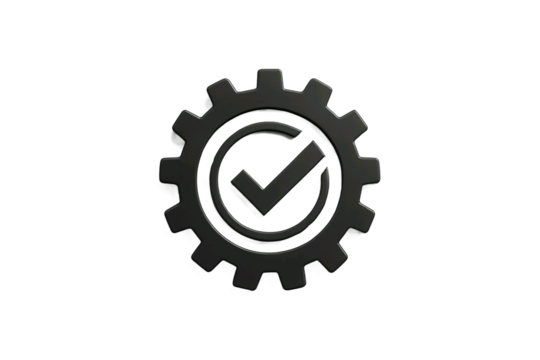 Dark gray 3d rendered gear with a checkmark inside a circle isolated on transparent background - Powered by Adobe