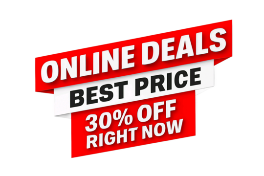 Bright red and white angled banner announcing online deals best price 30 percent off right now isolated on transparent background