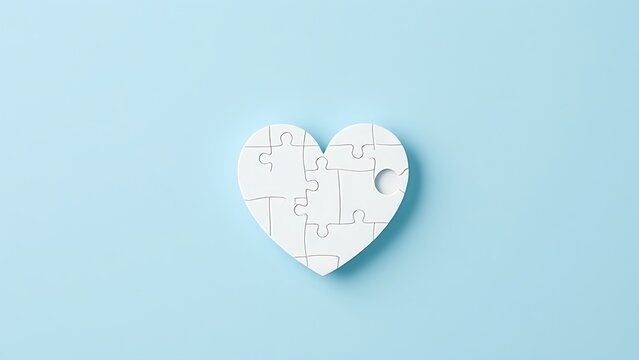 neurodiversity. A symbolic heart-shaped puzzle piece on a soft blue background, representing autism awareness and unity. public awareness campaigns.