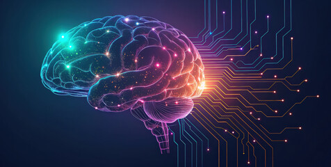 Futuristic ai brain circuit glowing with data lines, neural network visualization, glowing synapse pattern