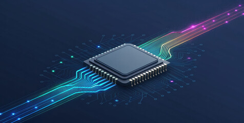 Futuristic processor chip emitting holographic data circuit board neon traces data flow glowing paths technology core microchip digital energy