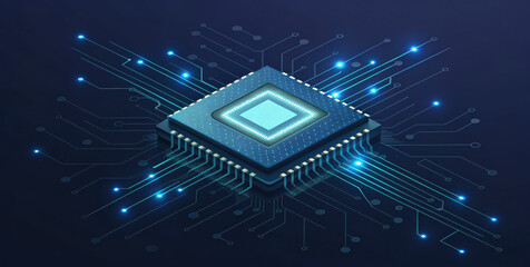Futuristic processor chip emitting holographic data, circuit board, glowing traces, technology, microchip, blue light