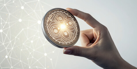 Hand coin blockchain glowing pattern digital currency concept held by hand with network light connection, futuristic finance innovation