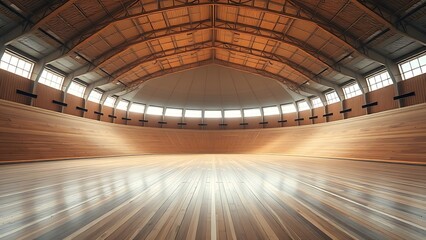 velodrome. Vast empty indoor velodrome with wooden track receding into the distance. event key visuals, club posters, designed for sports event promotions and stadium branding.