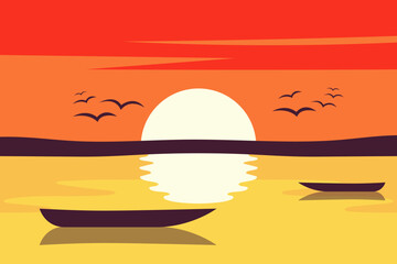 sunset background wallpaper. Minimalist Sunset Landscape with Boats and Flying Birds – Flat Vector Tropical Beach Illustration