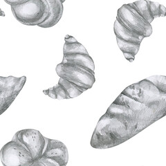 Croissant, sweet loaf and fresh bread pencil monochrome seamless pattern. Hand drawn bakery pastry food clipart for wallpaper, cafe menu, textile, fabric design.