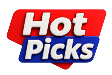 Bold 3d text displaying the words hot picks with a red and blue layered background isolated on transparent background