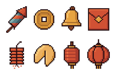 Pixel art icons: fireworks, coins, bells, lanterns, fortune cookies for chinese new year