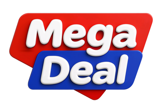 Bold red and blue sign with large white text reading mega deal perfect for advertising sales and promotions isolated on transparent background
