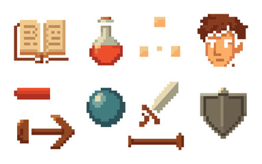 Retro pixel art game icons featuring potions, weapons, and character portrait
