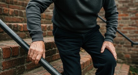 An elderly man is walking down the stairs, holding onto the railing, feeling pain in his knees.