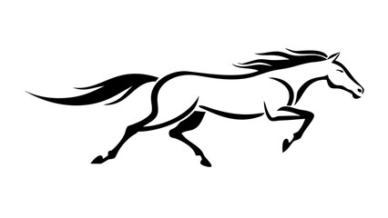 Obraz premium Dynamic black and white running horse, powerful equine silhouette conveying speed and freedom, ideal for logos, branding, and strength symbolism