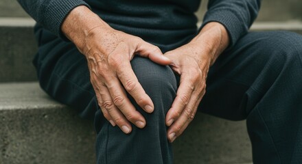 An elderly man sitting on the stairs, clutching his knees and complaining of pain