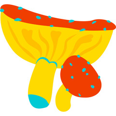 Stylized Illustration of a Vibrant Yellow and Red Mushroom with Turquoise Dots and a Smaller Companion Mushroom Set Against a Clean White Background