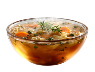 Image of glass bowl of chicken soup captured in three quarter view with chicken, noodle, and carrot isolated on transparent background