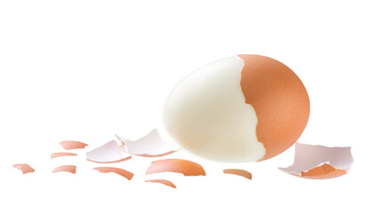 Peeled boiled egg with eggshell isolated on a white background.
