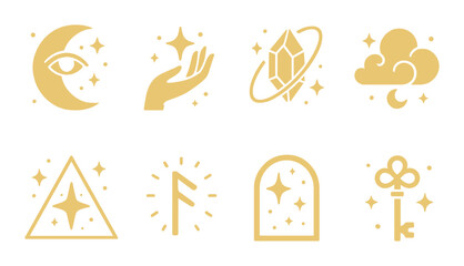 Mystical symbols: celestial, crystal, cloud, triangle, rune, portal, and key designs
