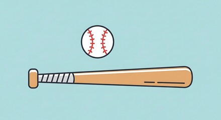 Baseball Bat and Ball Illustration on a Light Blue Background.