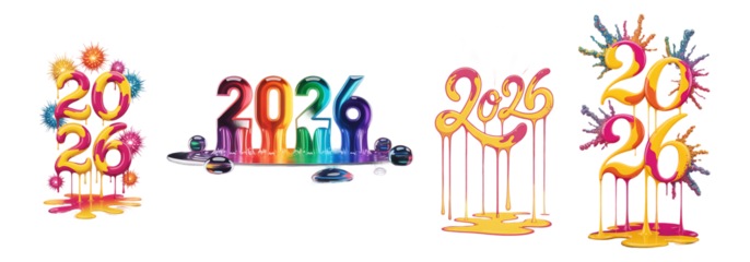 Colorful abstract glowing neon numbers 2026 with dripping paint effect isolated on transparent background
