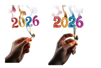 Two hands holding lit matches igniting colorful numbers spelling out the year 2026 with smoke trails isolated on transparent background