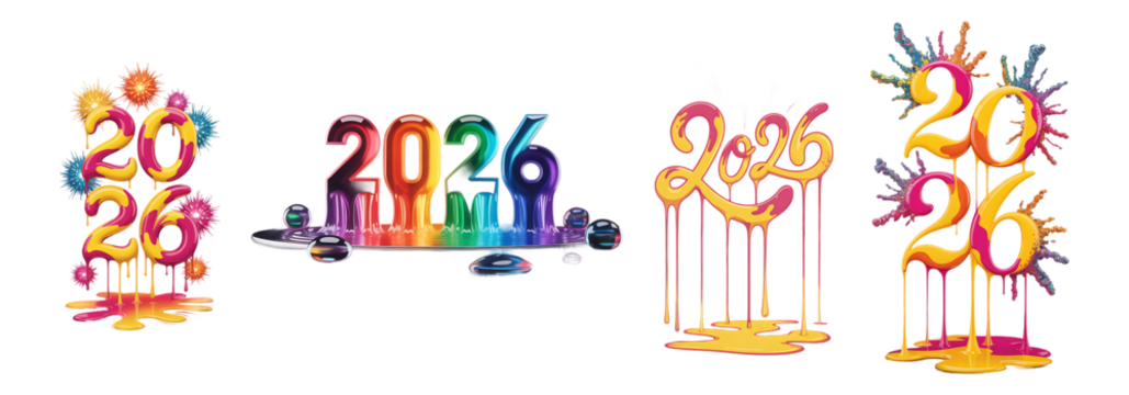 Colorful abstract glowing neon numbers 2026 with dripping paint effect isolated on transparent background - Powered by Adobe