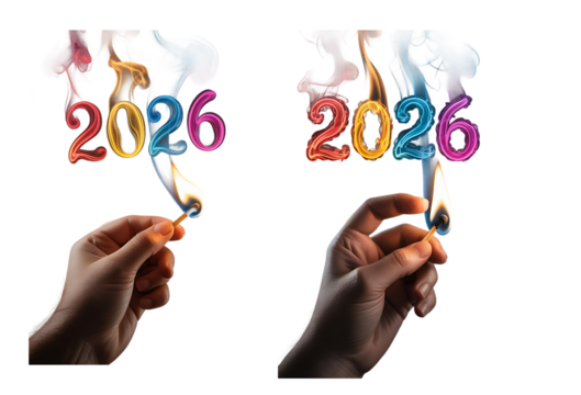 Two hands holding lit matches igniting colorful numbers spelling out the year 2026 with smoke trails isolated on transparent background