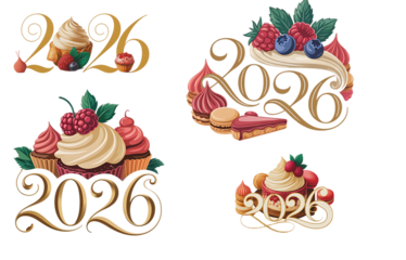 Artistic golden calligraphy numbers 2026 integrated with delicious sweet cakes and pastries isolated on transparent background
