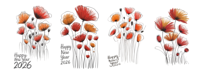 Abstract digital art illustration of four vibrant fiery red and orange floral clusters isolated on transparent background