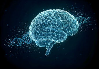 Human brain made of DNA strands and digital circuits, concept of artificial intelligence and biotechnology, 3d illustration