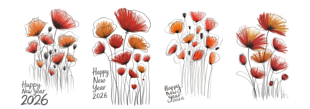 Abstract digital art illustration of four vibrant fiery red and orange floral clusters isolated on transparent background