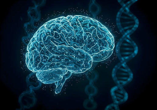 Human brain made of DNA strands and digital circuits, concept of artificial intelligence and biotechnology, 3d illustration