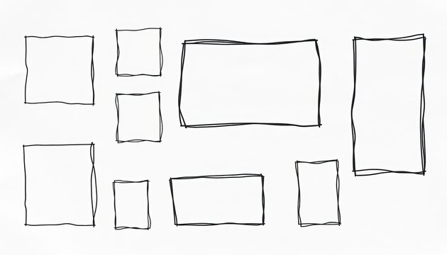 Whimsical, unevenly-drawn frames in varying shapes and sizes, sketched on textured paper,  scrapbook,  design