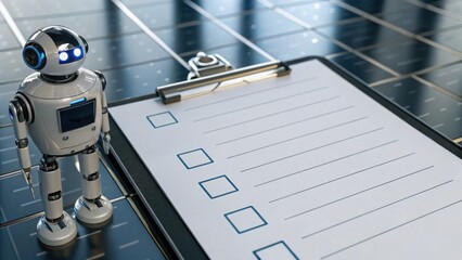 A futuristic robot stands beside a clipboard with empty checkboxes, symbolizing automation and task management in a tech-driven environment.