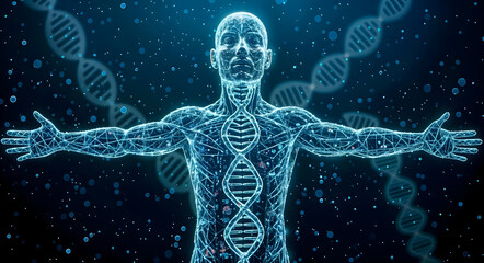 Cyber human formed of DNA helix and binary code, transhumanism and genetics, 3d render