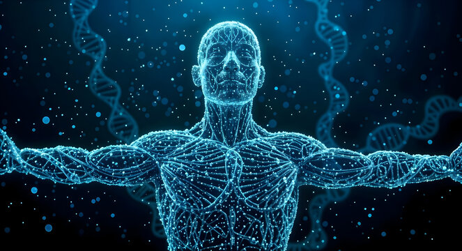 Cyber human formed of DNA helix and binary code, transhumanism and genetics, 3d render