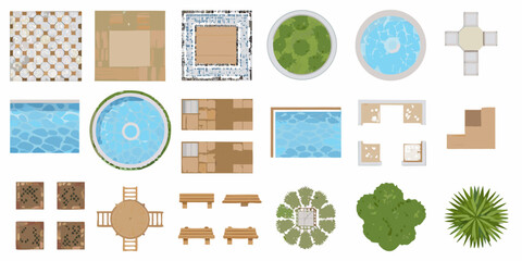 Top down view collection of outdoor living space elements and architectural designs © Lalin