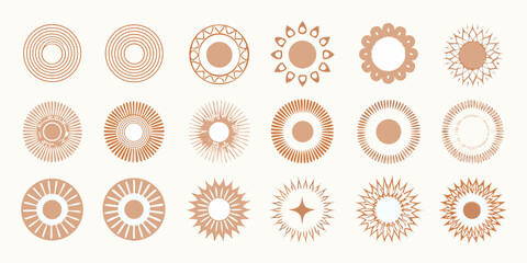 Collection of abstract circular sunburst and mandala style graphic elements in warm earthy tones