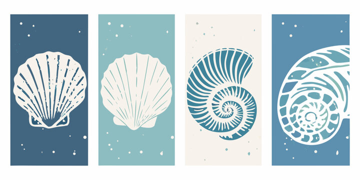 Set of four minimalist abstract seashell and nautilus shell illustrations in blue and beige tones