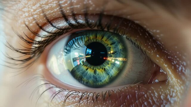 Close-up of eye with city lights reflection