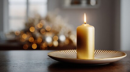 Obraz premium Single candle on a white plate with a gold rim. the candle is lit and the flame is burning brightly. the background is blurred, but it appears to be a room with a window and a vase of flowers.