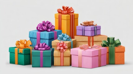 Fototapeta premium Stack of colorful christmas gift boxes with ribbons in various sizes piled together, festive holiday presents isolated on white and transparent background for winter celebration and seasonal decoratio
