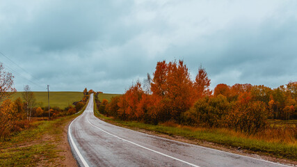 Scenic autumn road winding through colorful trees