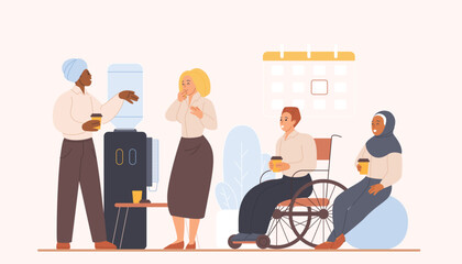 Diverse office colleagues taking a break together. Employees by water cooler and calendar, inclusive workspace concept. Vector illustration depicting accessibility and inclusion.