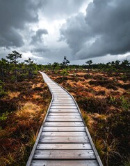 Wooden boardwalk winds through marshland under stormy, overcast skies