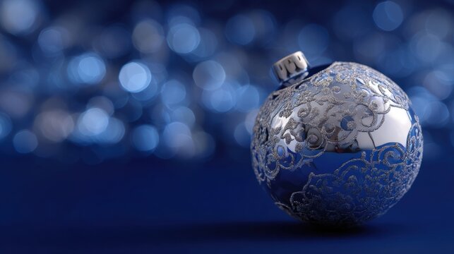 Close-up of a silver christmas bauble on a dark blue background. the bauble is spherical in shape and has intricate patterns on its surface. it appears to be made of metal and has a shiny finish.